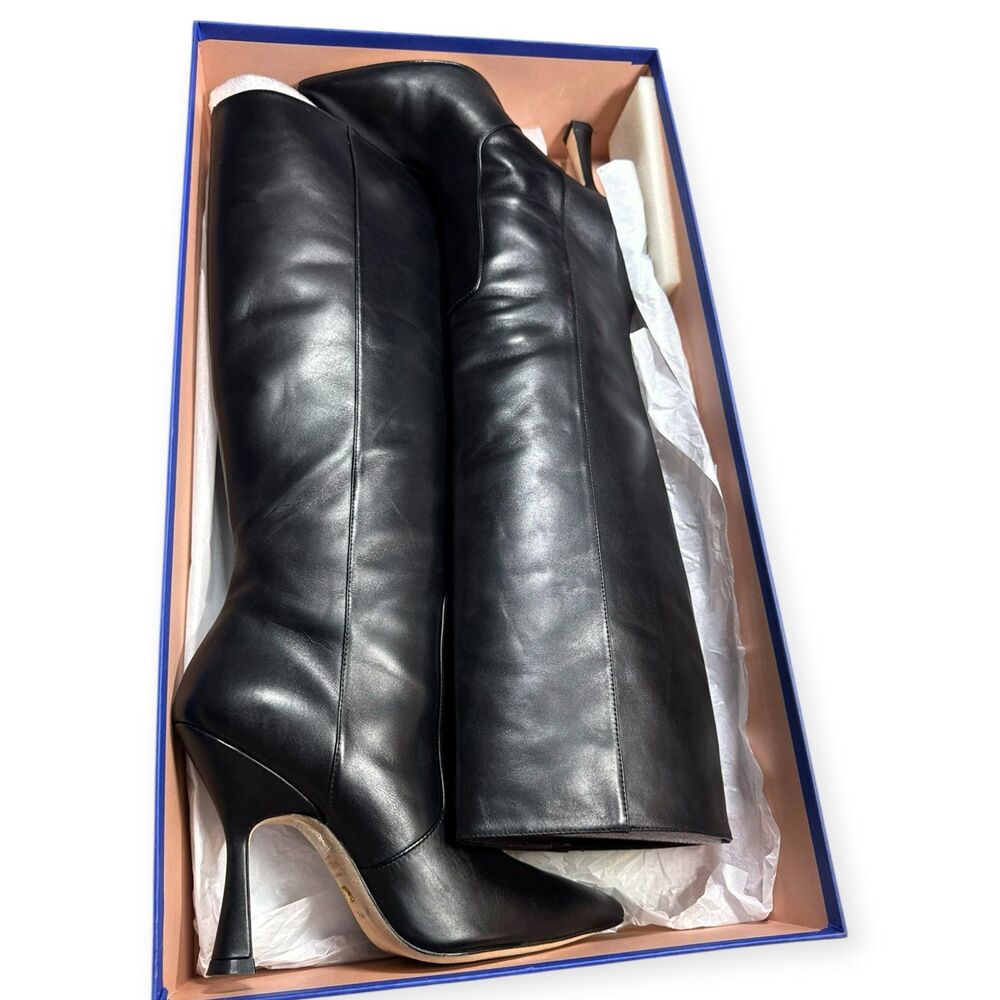 Stuart Weitzman Parton Leather Boots Size 8.5 AA Smooth Calf Black Leather w Box